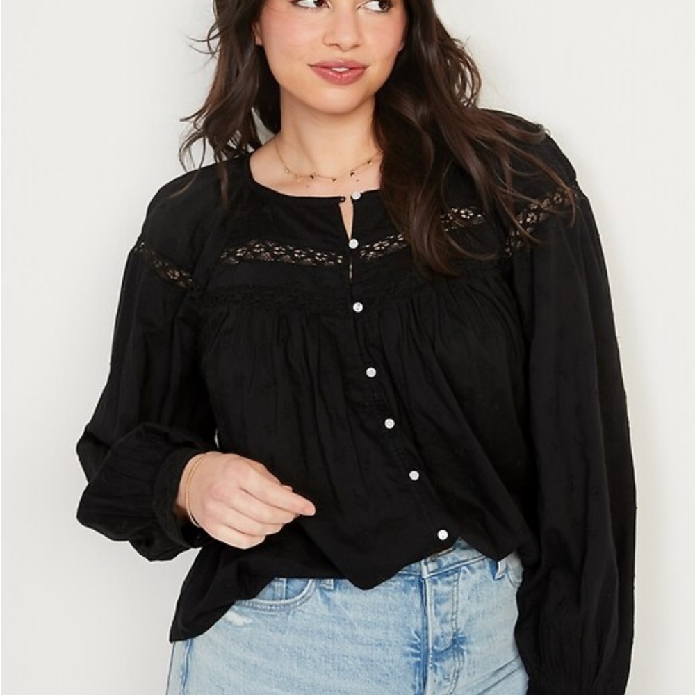Old Navy Womens Long-Sleeve Embroidered Lace-Trimmed Blouse